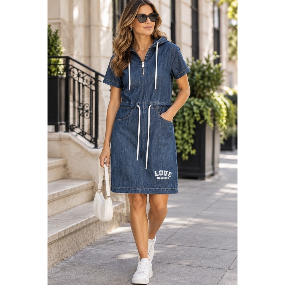 Love Moschino Denim Hooded Dress US 4 IT 40 Made in Italy Logo Drawstring
